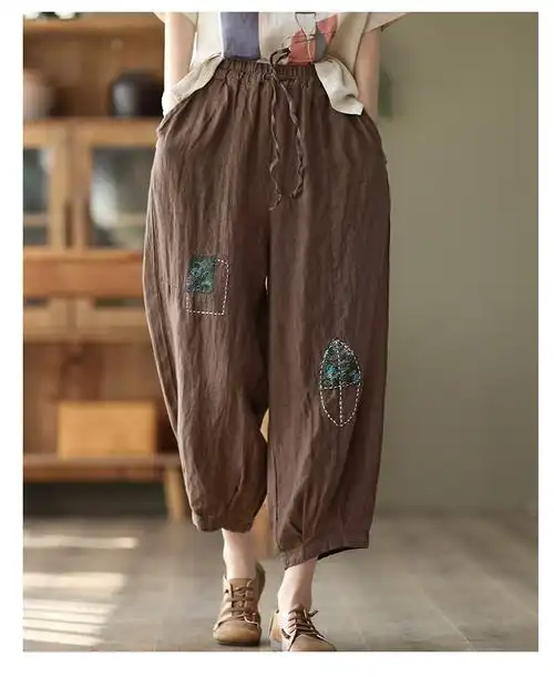 外贸法国单夏季复古贴布棉麻裤大码女裤休闲萝卜裤胖mm亚麻哈伦