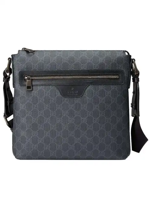 gucci古驰男包gucci男士pvc配皮双g花纹单肩斜跨包黑灰色322279khn7r