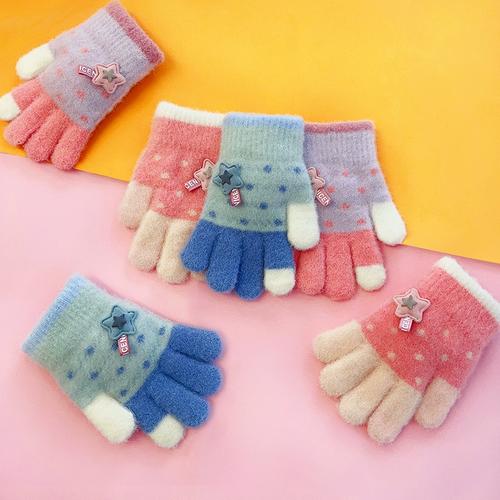 儿童手套冬季新款男童女童手指套保暖学生加绒毛线针织宝宝五指套