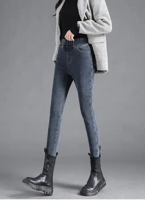 雅鹿旗舰官方店蓝灰色松紧腰加绒牛仔裤女秋冬2021年新款高腰紧身弹力