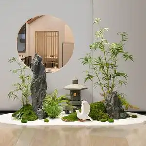 新中式室内景观入户玄关楼梯下造景仿真绿植假山石头松树竹子组合