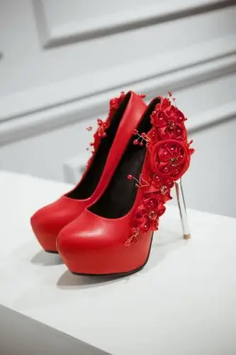 春秋性感超高跟细跟红色婚鞋新娘鞋花朵圆头浅口女鞋夜店防水台女