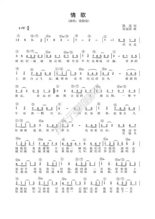 歌曲简谱梁静茹情歌简谱和弦流行弹唱网