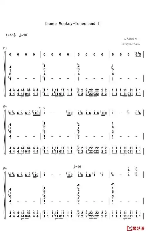 dance monkey钢琴简谱-数字双手-tones and i1