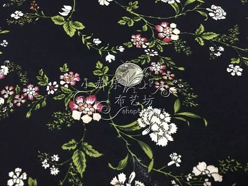 意大利复古小碎花麻纱布料深藏青色弹力不透雪纺diy印花服装面料