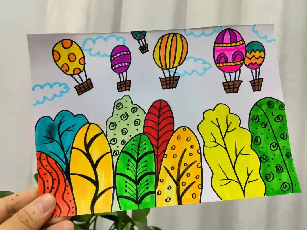 《线描热气球》绘画步骤.1,勾线笔画出树丛的外轮廓 2,用马 - 抖音