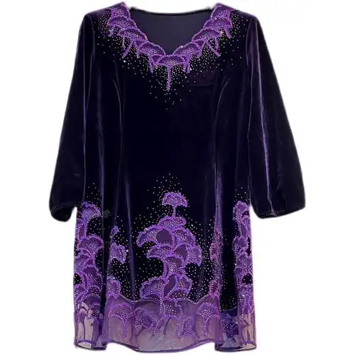 胖妈妈一品奴女装高档金丝绒中裙衣中年遮肉套头九分绣花2022爆款