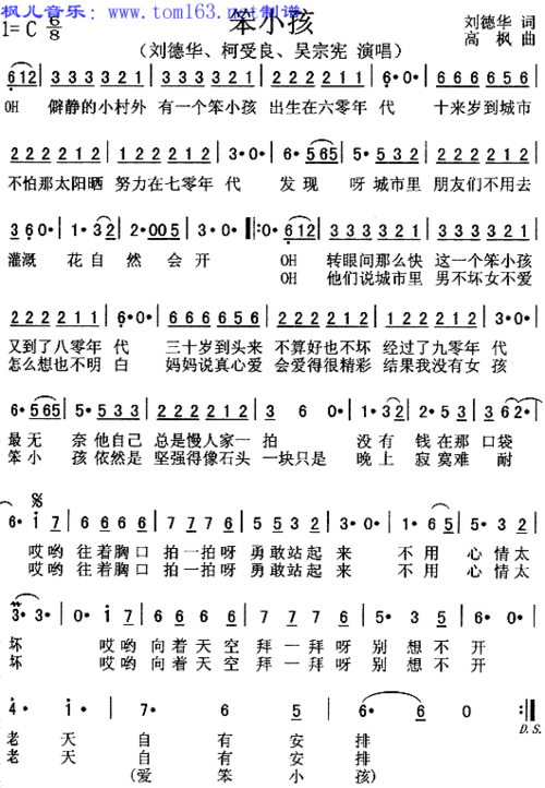 枫儿乐谱 乐谱库 流行歌曲歌谱 三字流行歌谱 >> 正文:笨小孩  原唱或