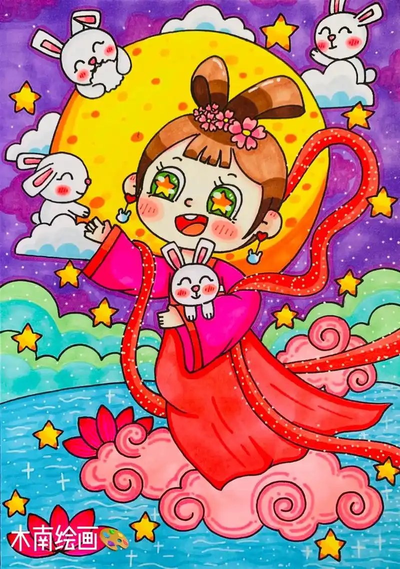 中秋节主题画#中秋节儿童画 #马克笔绘画 - 抖音