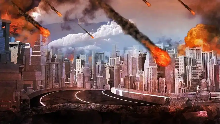 城市上空的流星雨,世界末日场景与城市和火流星