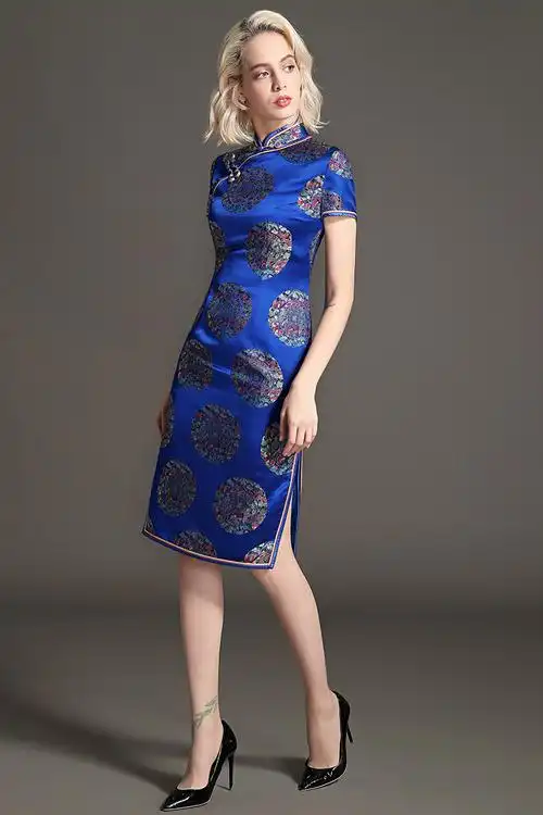 女款宝蓝色织锦缎旗袍