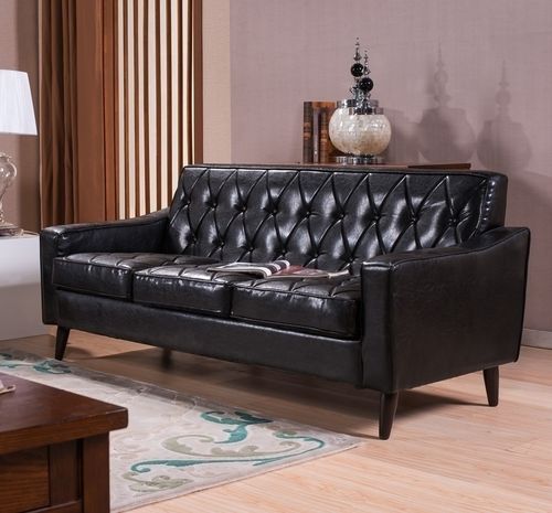 美式新款复古黑色皮艺三人拉扣北欧小户户型皮艺沙发