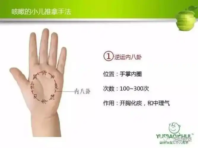 一:逆运内八卦 位置 手掌内圈 次数100-300次 作用:开胸化痰,和中理气