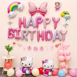 宝宝生日快乐装饰场景布置kitty猫卡通气球女孩周岁儿童背景墙