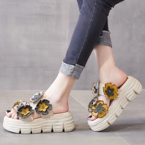 仙女风凉拖女夏外穿真皮2024新款复古厚底松糕拖鞋海边度假沙滩鞋