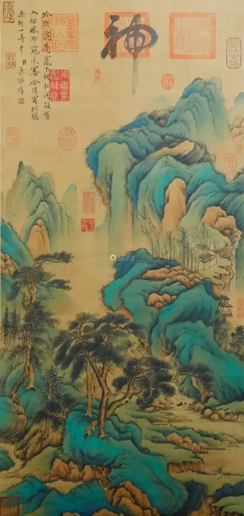 宋代 京谨 青绿山水 绢本立轴