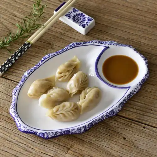 【天天特价】青花瓷餐具饺子盘带醋碟子寿司盘子家用陶瓷子母盘