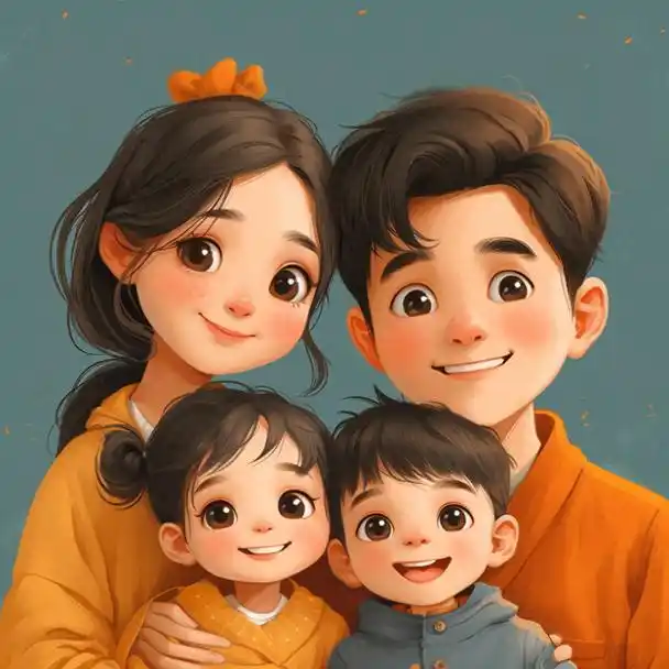 亲子头像|2024一家四口姐弟|亲子照卡通插画