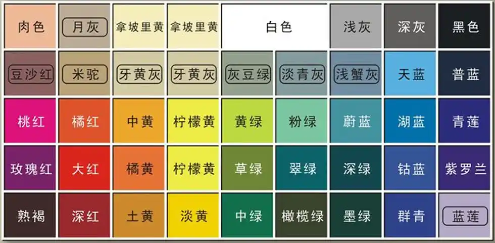 求一张36色调盒的色彩排列图片 里面的色彩用文字代替 谢谢