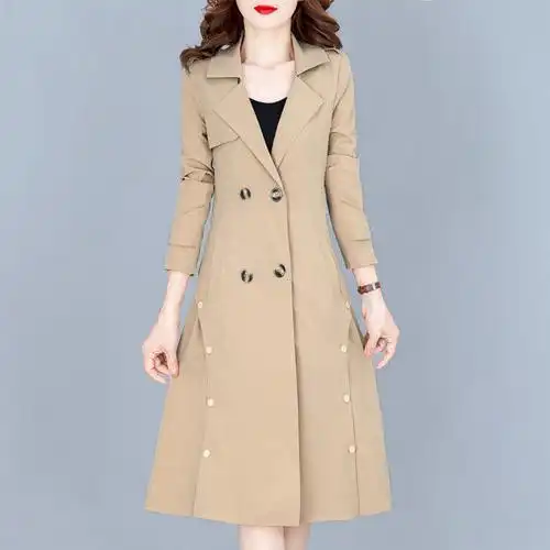 外套女中长款风衣2023秋款新款女装双排扣纯色时尚潮流修身显瘦款