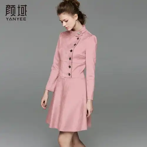 颜域品牌女装2017夏季新款复古立领单排扣开襟连衣裙收腰显瘦a裙