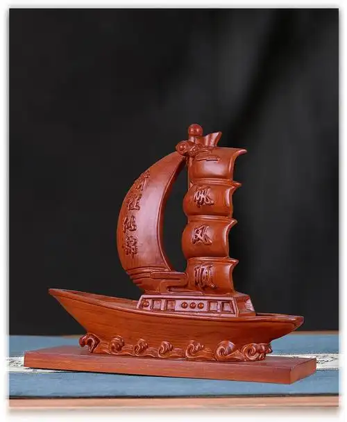晨熟 木雕一帆风顺帆船摆件实木质雕刻龙船酒柜办公室开业装饰品工艺