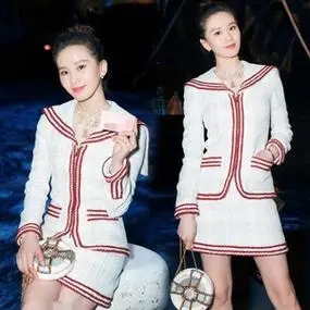 luluins刘诗诗古力娜扎明星同款衣服粗花呢修身上衣半身裙套装女