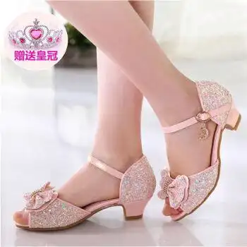 凉鞋夏季女童公主鞋女孩高跟鞋蓝色蝴蝶结学生白色演出皮鞋110亮粉色