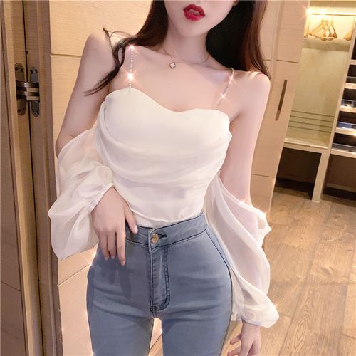 网红直播衣服女主播服装上镜性感超仙一字肩吊带上衣网纱雪纺衫夏