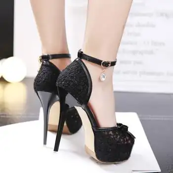 珂梵图2018春夏季鱼嘴百搭细跟12cm性感防水台一字扣带超高跟蕾丝凉鞋