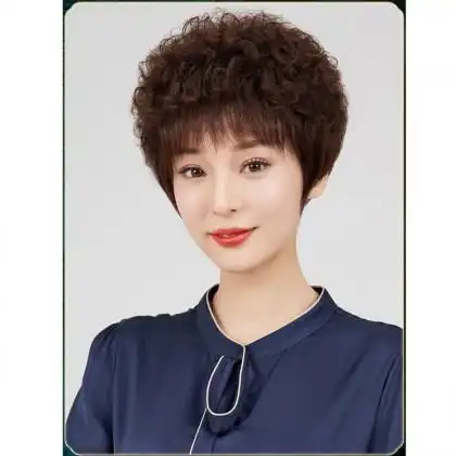 中老年假发女短发短卷发圆脸烟花烫锡纸烫发送妈妈全真人发丝发套