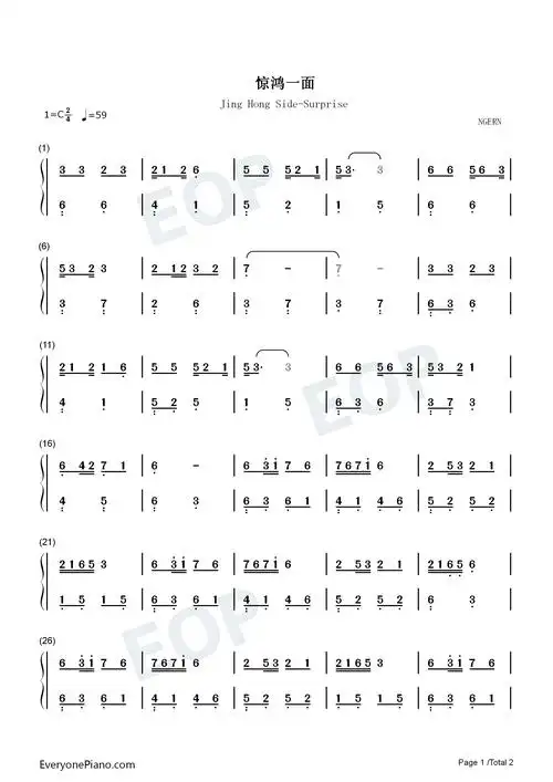 惊鸿一面-c调简单版双手简谱预览1