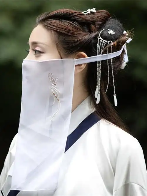 古风刺绣花面纱复古代汉服遮脸挂耳超仙古装汉服蒙面白色凤凰绑带面纱