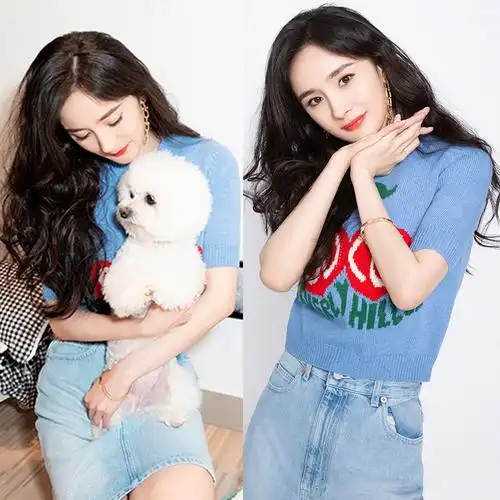 杨幂同款蓝色樱桃印花针织短袖t恤女修身短款甜美上衣夏2020新款