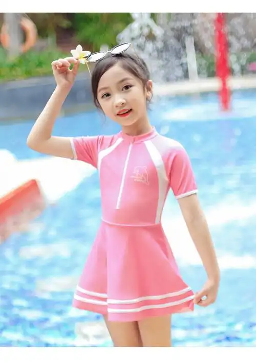 泳衣女童防晒连体女孩中大童韩国公主裙式宝宝夏季游泳衣粉色小海豚打