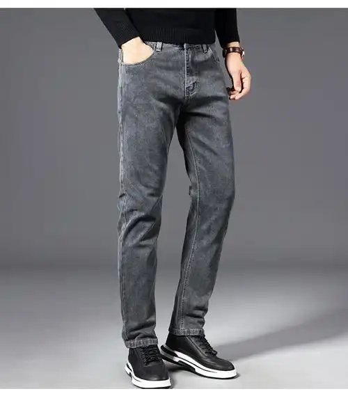 灰色高端牛仔裤男士裤子直筒宽松弹力青年秋冬季休闲长裤子潮厚款