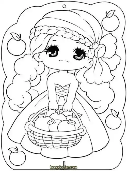 提着一篮子苹果的小女生公主在线涂色图片大全