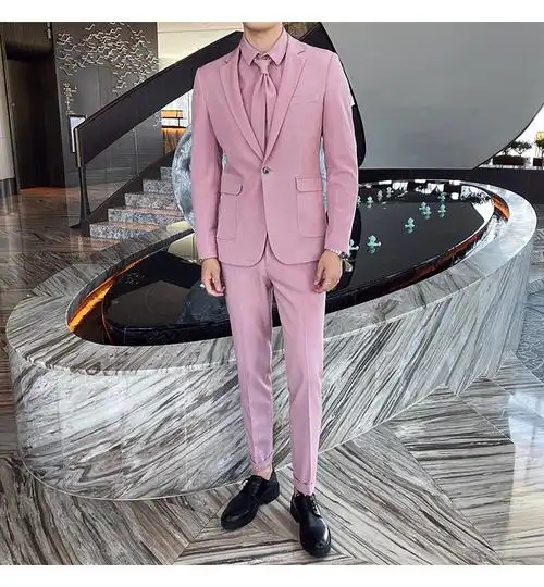 花花公子粉色西装套装男秋季新款痞帅修身新郎结婚主持人男士西服休闲
