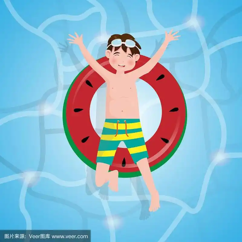 小男孩游泳在游泳池的背景.矢量插图在卡通人物扁平风格.