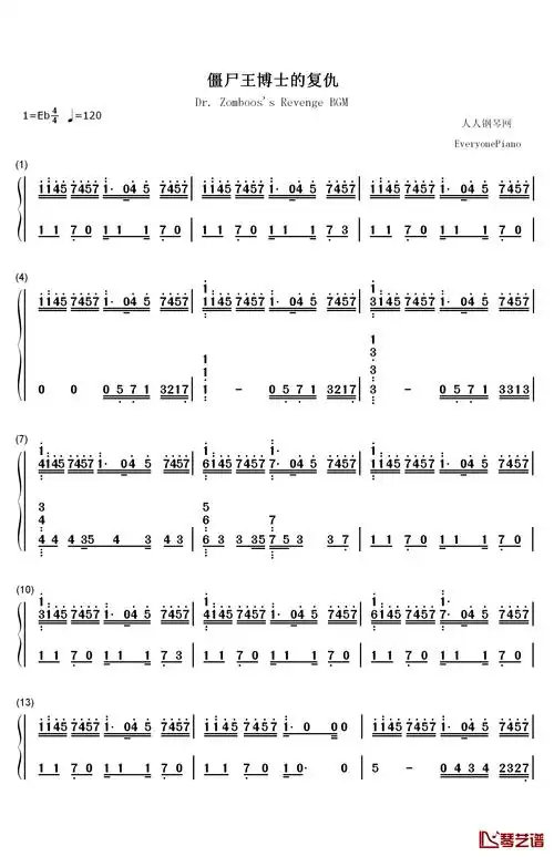 僵尸王博士的复仇主题曲钢琴简谱-数字双手-plants vs. zombies