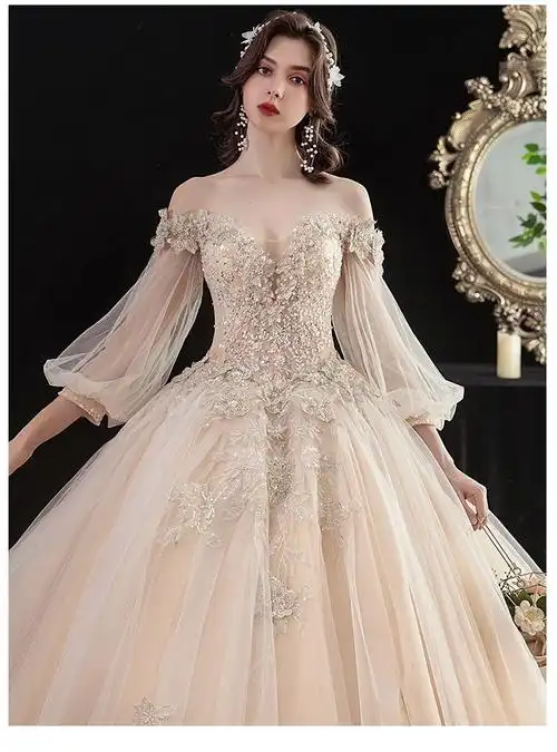 jiangyi高端重工婚纱主纱新款新娘礼服森系超仙梦幻大气赫本一字肩主