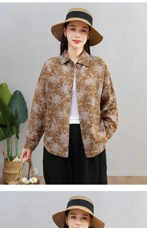 中老年女棉麻长袖衬衫文艺复古碎花休闲衬衣秋宽松大码上衣开衫22051