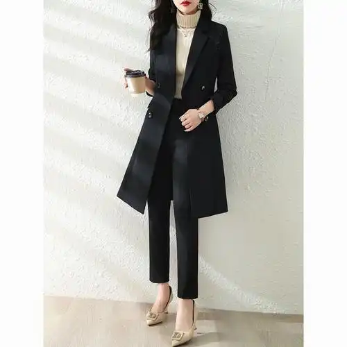 黑色中长款西装外套女秋冬气质女神范高级感风衣女士西服套装春秋