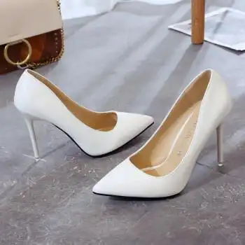 鞋细跟中跟尖头工作鞋亮面9公分职业女鞋皮鞋礼仪单鞋6 白色 9厘米 35