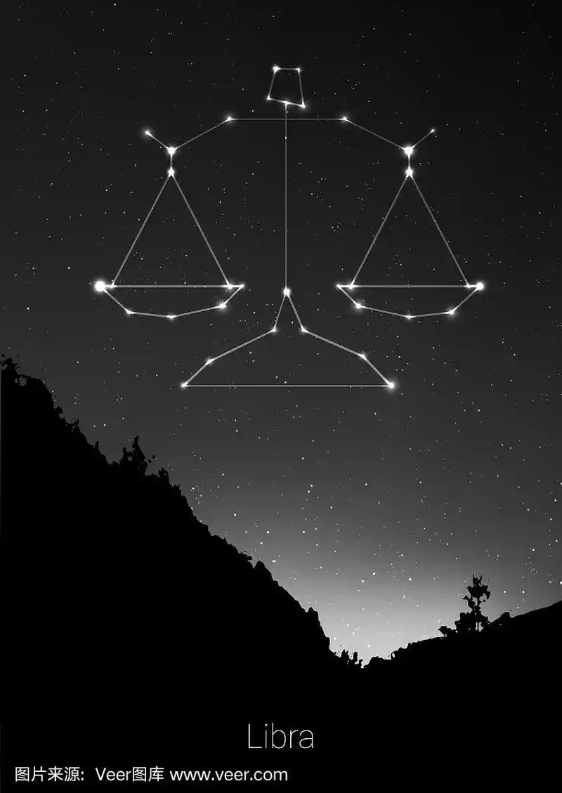 天秤座星座与森林景观剪影在美丽的星空与银河和后面的空间.