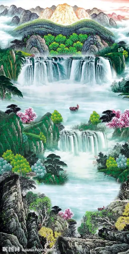 竖幅国画 流水生财图片