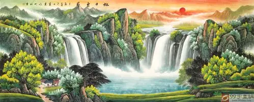吴东 巨幅聚宝盆吉祥山水《旭日东升》 著名易经风水画家 - 聚宝盆