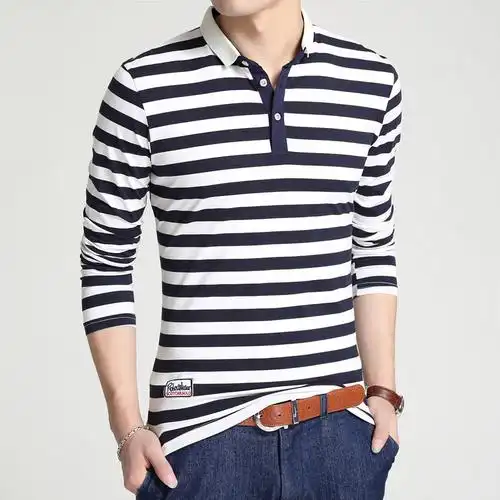 唯品会时尚商务2017男式t恤长袖v领条纹青年男式韩版纯棉t恤男修_7折