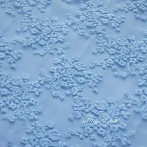 r3 棉线刺绣小碎花 透视软网纱蕾丝布面料浅蓝色