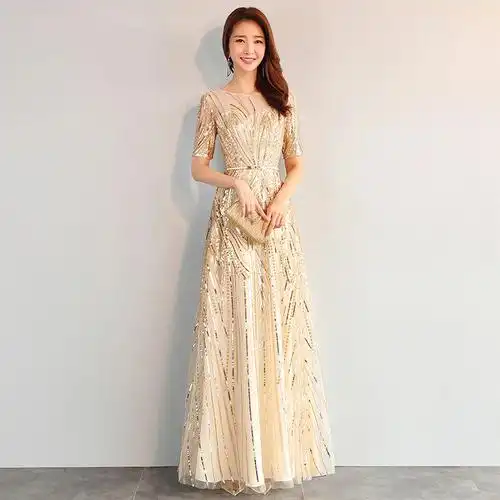 亮片晚礼服新款金色长款晚宴年会主持人演出礼服女女